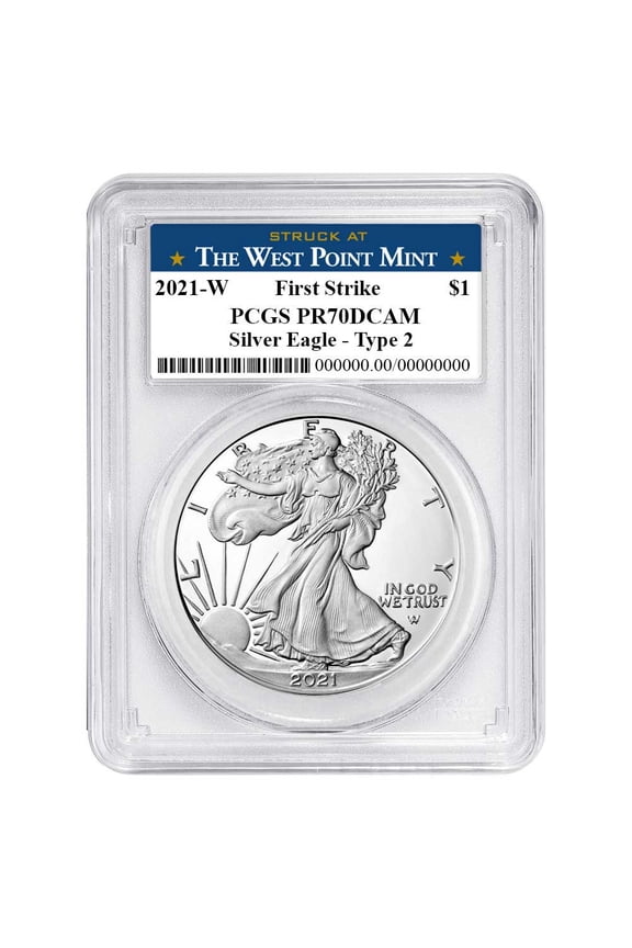 2021-W Proof $1 Type 2 American Silver Eagle PCGS PR70DCAM FS West Point Label