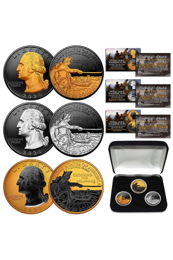 2021 WASHINGTON DELAWARE Quarters RUTHENIUM SILVER GOLD - SET of 3 with BOX