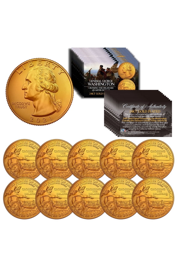 2021 Washington Crossing the Delaware Quarter US Coin 24KT GOLD PLATED - QTY 10