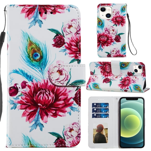 2021 iPhone 13 Mini Case (5.4 Inch) - TECH CIRCLE Synthetic Leather/Silicone Flip Cute Wallet Case with [Card Holders] Slim Fit Lightweight Fold Stand Folio Cover (Red Flowers)