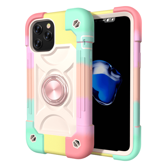 (2021) iPhone 13 Pro Max Case 6.7 Inch - TECH CIRCLE Heavy Duty Protection Shockproof Kickstand Case Silicone/Plastic Protective Rugged Cute Simple Cover with Ring Holder (K Rosegold Colorful)