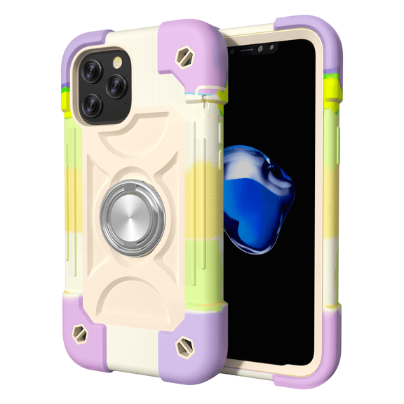 (2021) iPhone 13 Pro Max Case 6.7 Inch - TECH CIRCLE Heavy Duty Protection Shockproof Kickstand Case Silicone/Plastic Protective Rugged Cute Simple Cover with Ring Holder (H Beige Purple)