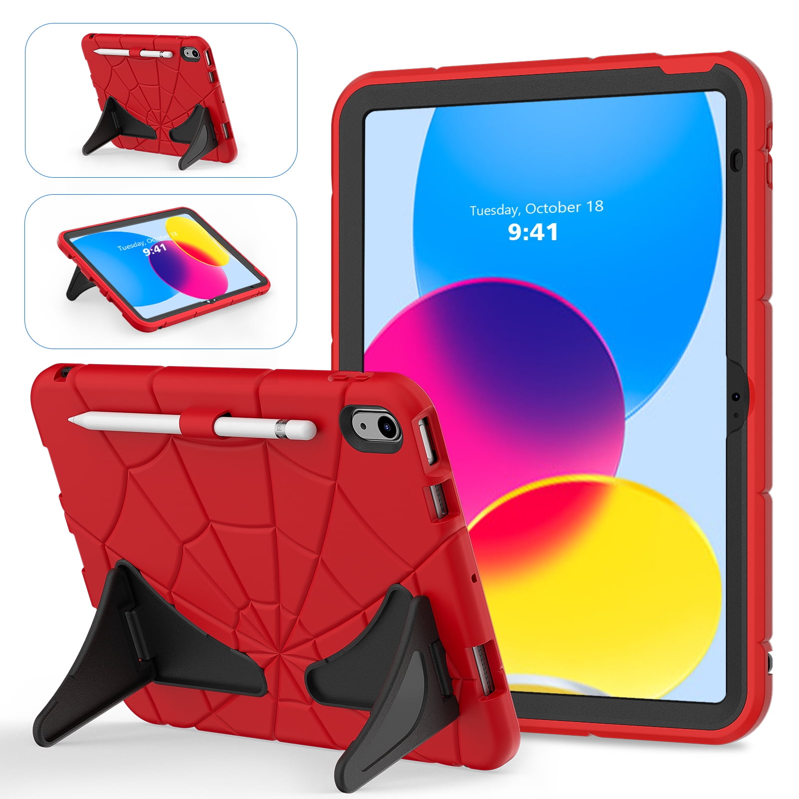 for 2022 10.9 inch iPad 10 th Generation Case with Pencil Holder & Stand, Handle Design Heavy Duty Shockproof Rugged 10.9" 10 Gen Cover for Kids Boy Children, Red+Black