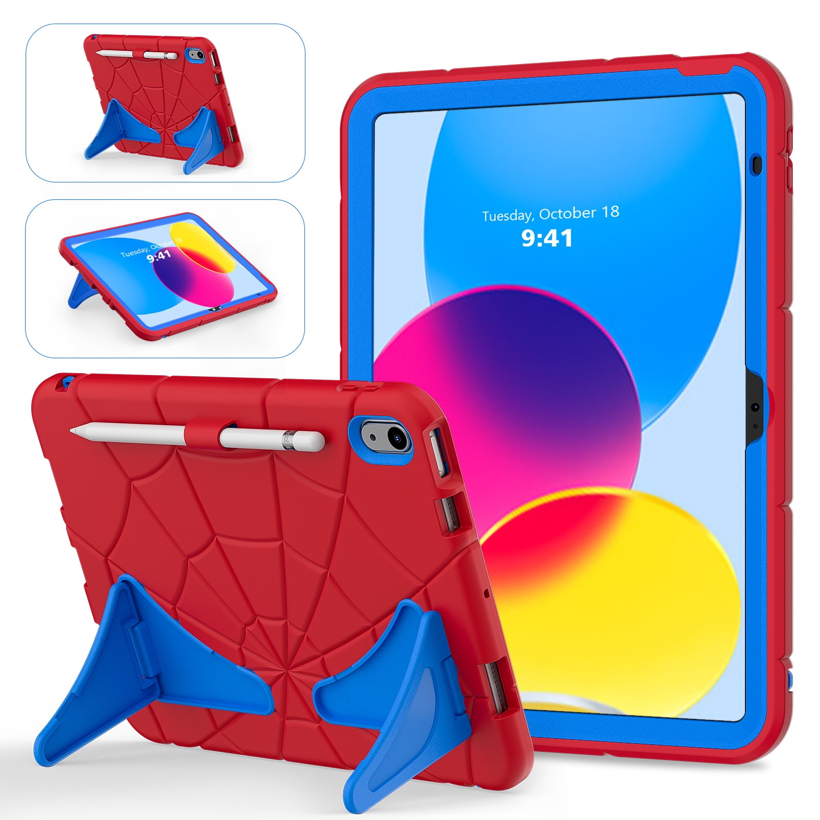 for 2022 10.9 inch iPad 10 th Generation Case with Pencil Holder & Stand, Handle Design Heavy Duty Shockproof Rugged 10.9" 10 Gen Cover for Kids Boy Children, Red+Blue