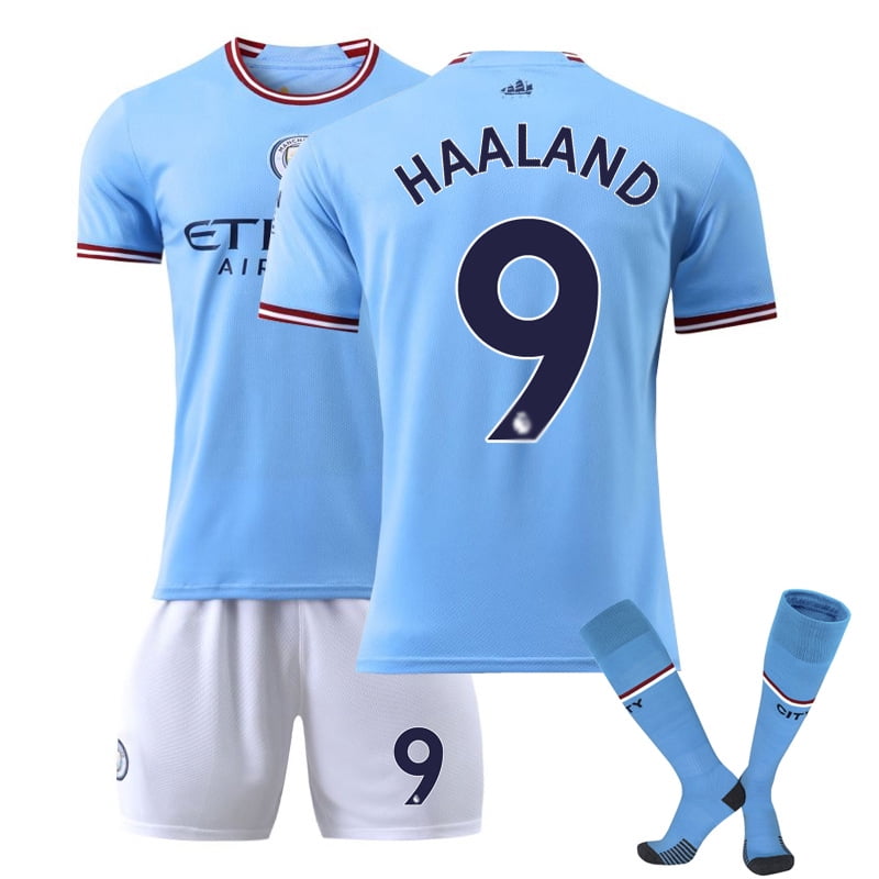 2022-2023 Manchester City Home Jersey #9 Haaland Sportswear Soccer  Activewear Set for Kids Youth and Adults 