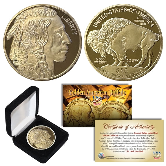 2026 USA 250 AMERICAN BUFFALO 24K Gold Plated $50 Tribute Coin with Deluxe Box