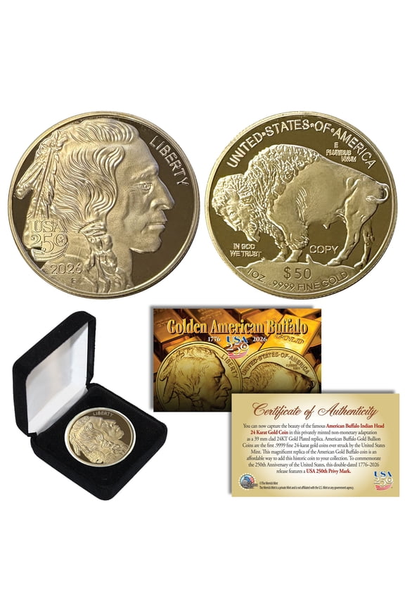 2026 USA 250 AMERICAN BUFFALO 24K Gold Plated $50 Tribute Coin with Deluxe Box