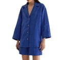 thumbnail image 1 of 2022 Autumn Long Sleeve Shirt Pajamas European And American Cotton Linen Loose Shorts Two-piece Suit Women's Household Clothing Blue S, 1 of 5