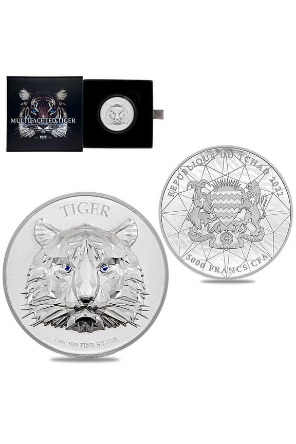 2022 Chad 1 oz Silver Multifaceted Tiger Ultra High Relief Coin .999 Fine (w/Box)