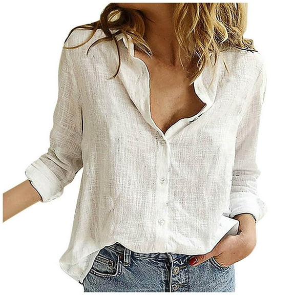 "Trendy!" Olyvenn Women's Linen Button Solid Lapel Long Sleeves T-shirt Top Plus Size Loose Casual Fashion Blouse Tops White S