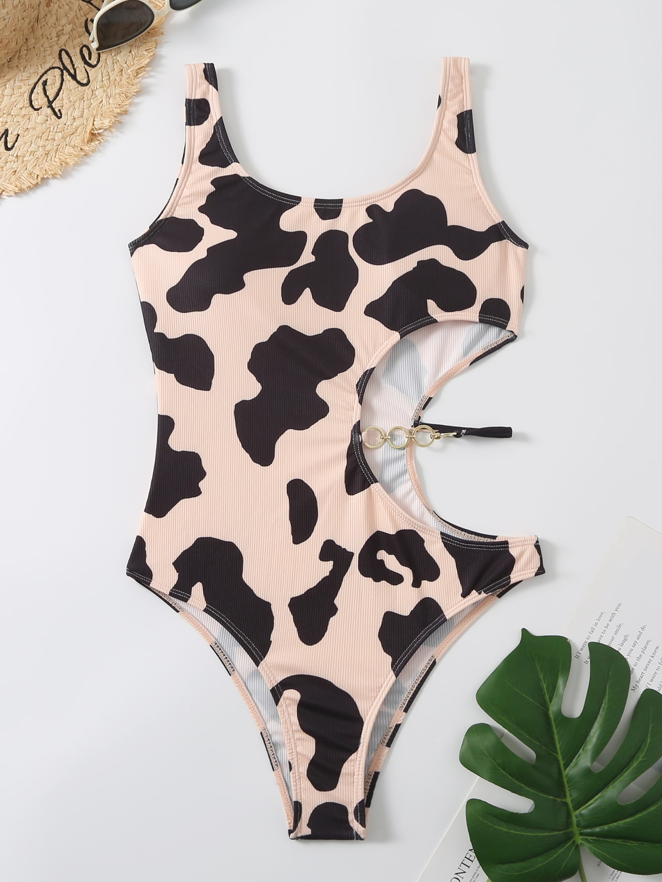 2022 Cow Print Rib Cut-out One Piece Swimsuit Ring Link Swimwear Women ...