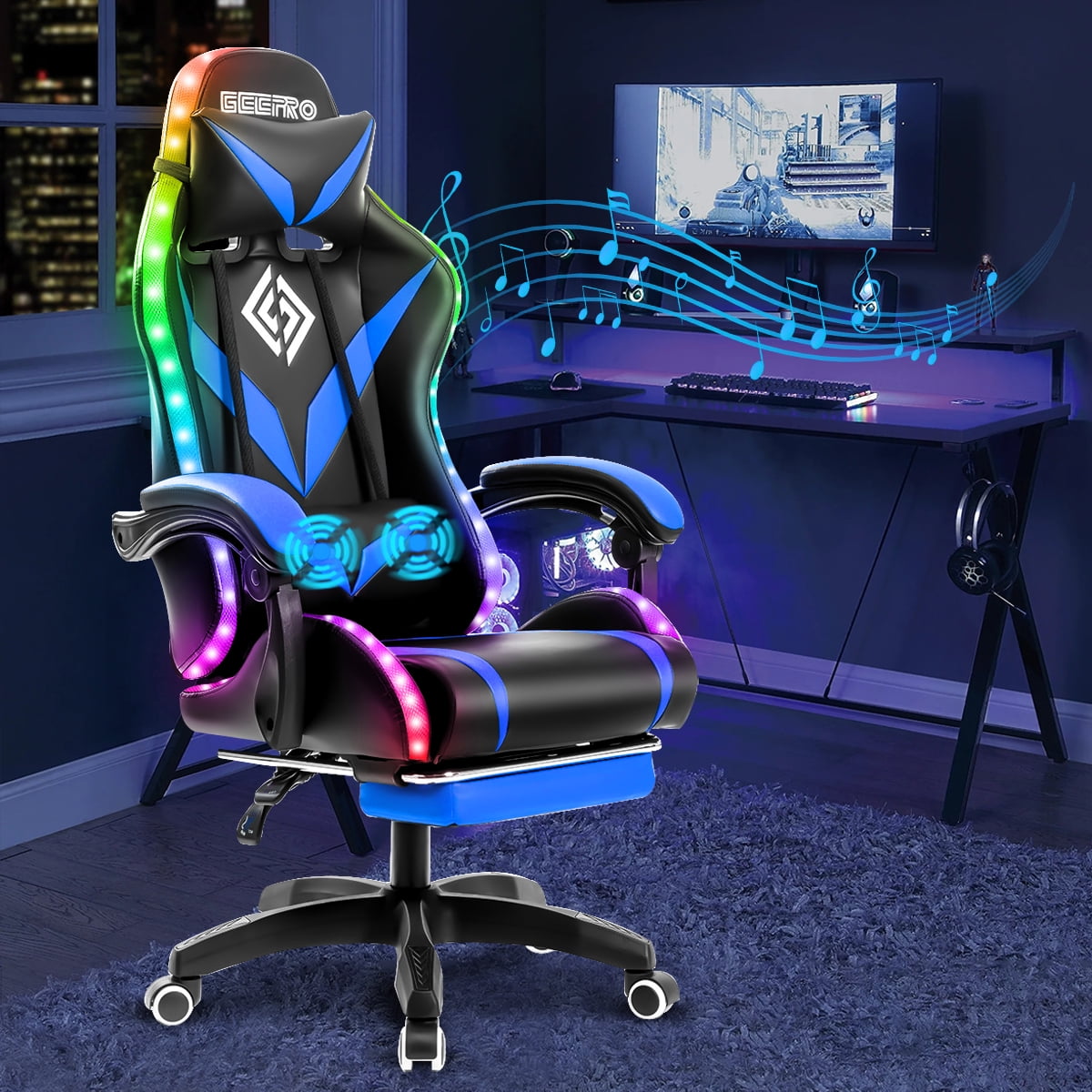 E-Gaming Racing Style Gaming Chair - Blue - LED Lights - Foot Rest