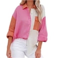 thumbnail image 1 of 2022 Fashion Spring Fall Shirts for Women Color Block V Neck Collared Tshirt Button Down Blouses Oversized Boyfriend Tops, 1 of 4
