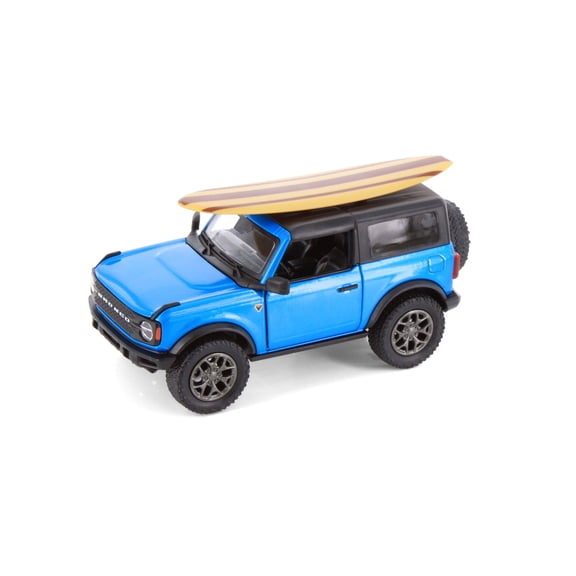 2022 Ford Bronco w/Surfboard, Blue - Kinsmart 5438DS1 - 1/34 Scale Diecast Model Car
