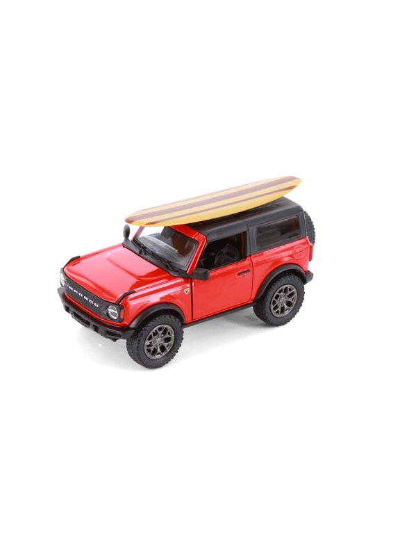 2022 Ford Bronco w/Surfboard, Red - Kinsmart 5438DS1 - 1/34 Scale Diecast Model Car