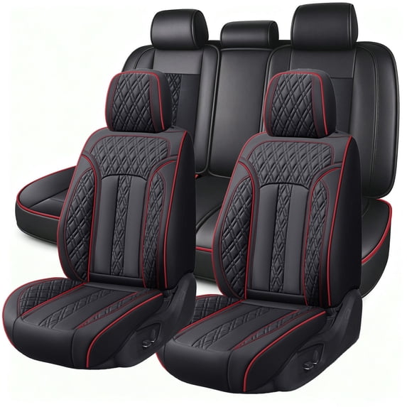2022 for Ford Edge Car Seat Cover, Leather 5 Piece Full Set Retain Seatbelt Port Suitable for All Seasons, Black and Red Line Car Seat Covers, Airbag-Compatible