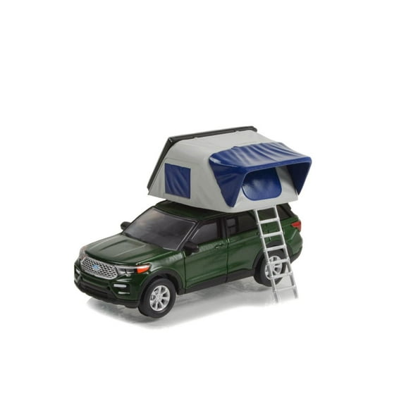 2022 Ford Explorer Limited w/ Rooftop Tent, Dark Green - Greenlight 38030F - 1/64 Scale Diecast Car