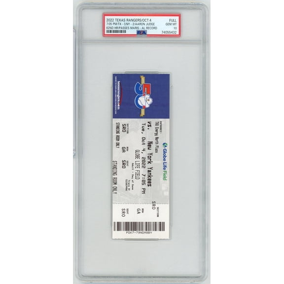2022 Full Ticket Aaron Judge Home Run #62 New York Yankees vs Rangers PSA 10