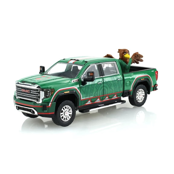 2022 GMC Sierra 3500 HD Pickup Truck Green with Mexican Soccer Graphics with Eagle Figure 1/64 Diecast Model Car by Greenlight