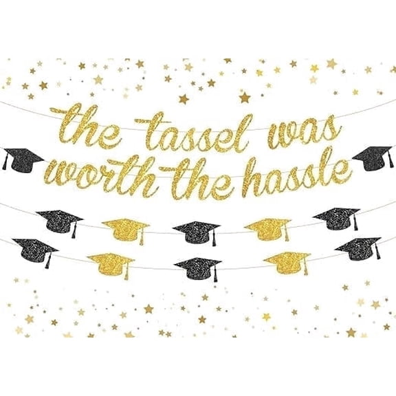 2026 Graduation Party Decorations, The Tassel Was Worth The Hassle Gold Black Glitter Banner, Cap Bunting Garland Sign for Congrats Grad Celebration Party Supplies