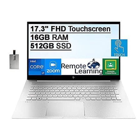 2022 HP Envy 17.3" FHD Touchscreen Laptop Computer, 11th Gen Intel Core i7-1165G7, 16GB RAM, 512GB PCIe SSD, Backlit Keyboard, Iris Xe Graphics, Webcam, B&O Audio, Win 11 Pro, Silver, 32GB USB Card