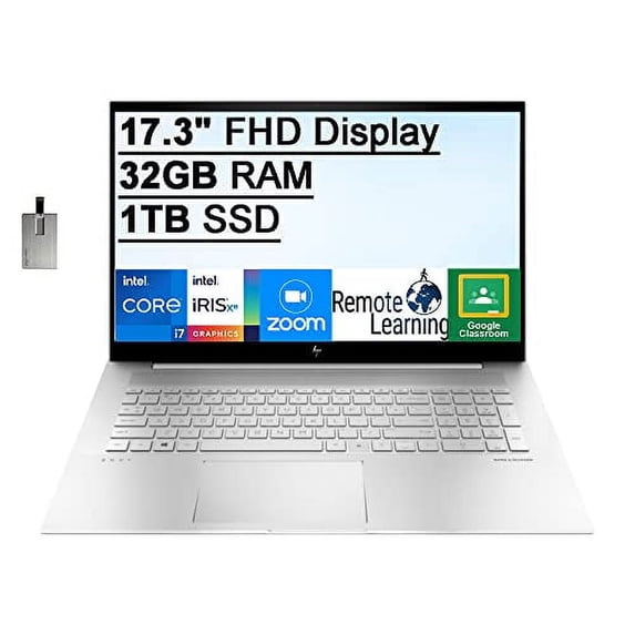 2022 HP Envy 17.3" FHD Touchscreen Laptop, Intel Core i7-1165G7, 32GB RAM, 1TB SSD, Backlit Keyboard, Intel Iris Xe Graphics, Fingerprint Reader, Webcam, Windows 11 Pro, Silver, 32GB USB Card