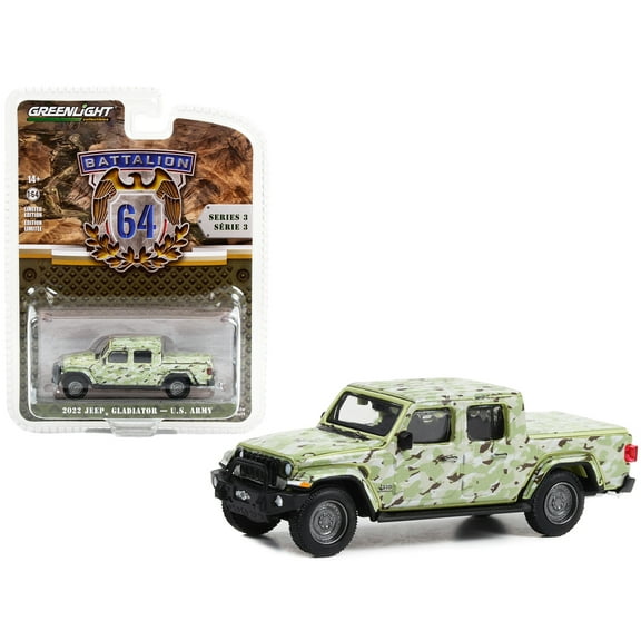 2022 Jeep Gladiator Pickup Truck "U.S. Army" Military-Spec Camouflage "Battalion 64" 1/64 Diecast Model Car by Greenlight