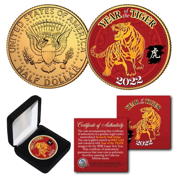 2022 Lunar New YEAR OF THE TIGER 24K Gold Plated JFK Half Dollar US Coin w/ BOX
