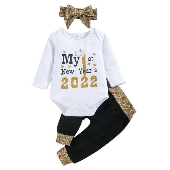 2022 My First New Year's Newborn Baby Boy Girl Outfit Long Sleeve Letter T-Shirt Romper +Pants+Headband Winter Clothes Set
