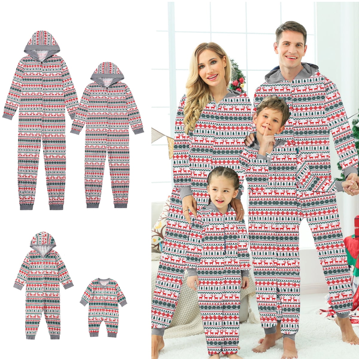 2022 NEW Christmas Family Matching Pajamas Hooded One-piece Sleepwear ...