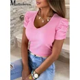 2022 New Ladies Slim Stretch Threaded Pullover Puff Sleeve Top Sexy V