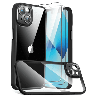 [2022 New] Meifigno Clear Glitter Case for iPhone 14 Plus 6.7 Inch with 2 Tempered Glass Screen Protectors, [Shiny Bling Sparkle Camera Lens] [Anti-Yellowing] TPU Slim Cover for Women Girls-Black