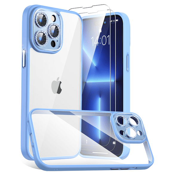 [2022 New] Meifigno Clear Glitter case for iPhone 14 Pro Max 6.7 Inch with 2 Tempered Glass Screen Protectors, Shiny Bling Sparkle Camera Lens for iPhone 14 Pro Max Blue