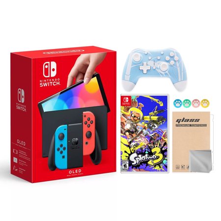 2022 New Nintendo Switch OLED Model Neon Red & Blue Joy Con 64GB Console with Splatoon 3 Game, HD Screen & LAN-Port Dock, Mytrix Bamboo Blue Wireless Pro Controller and Accessories