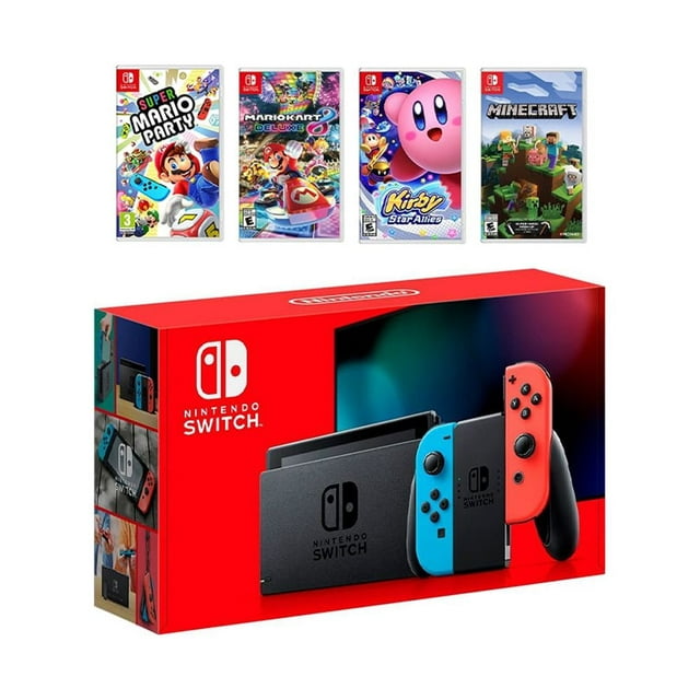 2022 New Nintendo Switch Red/Blue Joy-Con Console Multiplayer Party Game Bundle, Super Mario Party, Mario Kart 8 Deluxe, Kirby Star Allies, Minecraft