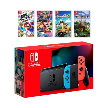 2022 New Nintendo Switch Red/Blue Joy-Con Console Multiplayer Party Game Bundle, Super Mario Party, Mario Kart 8 Deluxe, Overcooked 2, Minecraft