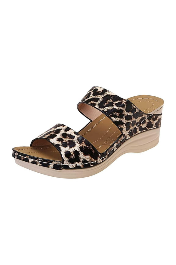 2022 New Women Wedge Sliders Thick Bottom Leopard Print Slide Sandals Fashion Ladies Slip On Sandals Summer Slippers Comfy Wide Fit Mules Corks Strech Beach & Pool Shoes