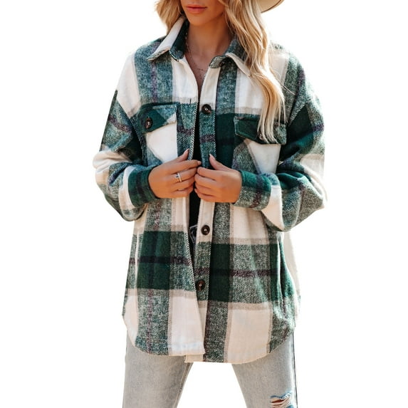 2022 New Womens Flannel Shacket Jacket Casual Plaid Wool Blend Button Down Long Sleeve Shirt with Pockets Fall Clothes Outfits