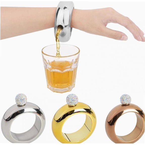 2022 Newly Stainless Steel Bracelet Hip Flask Creative Rings Wine Bottle Crystal Lid for Womens Mens Portable Bracelet Hip Flask, Silver, 1PC Hip Flask