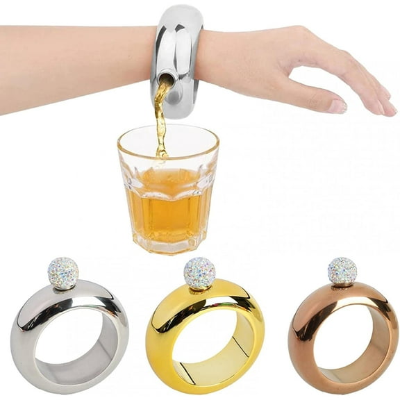 2022 Newly Stainless Steel Bracelet Hip Flask Creative Rings Wine Bottle Crystal Lid for Womens Mens Portable Bracelet Hip Flask, Silver, 1PC Hip Flask