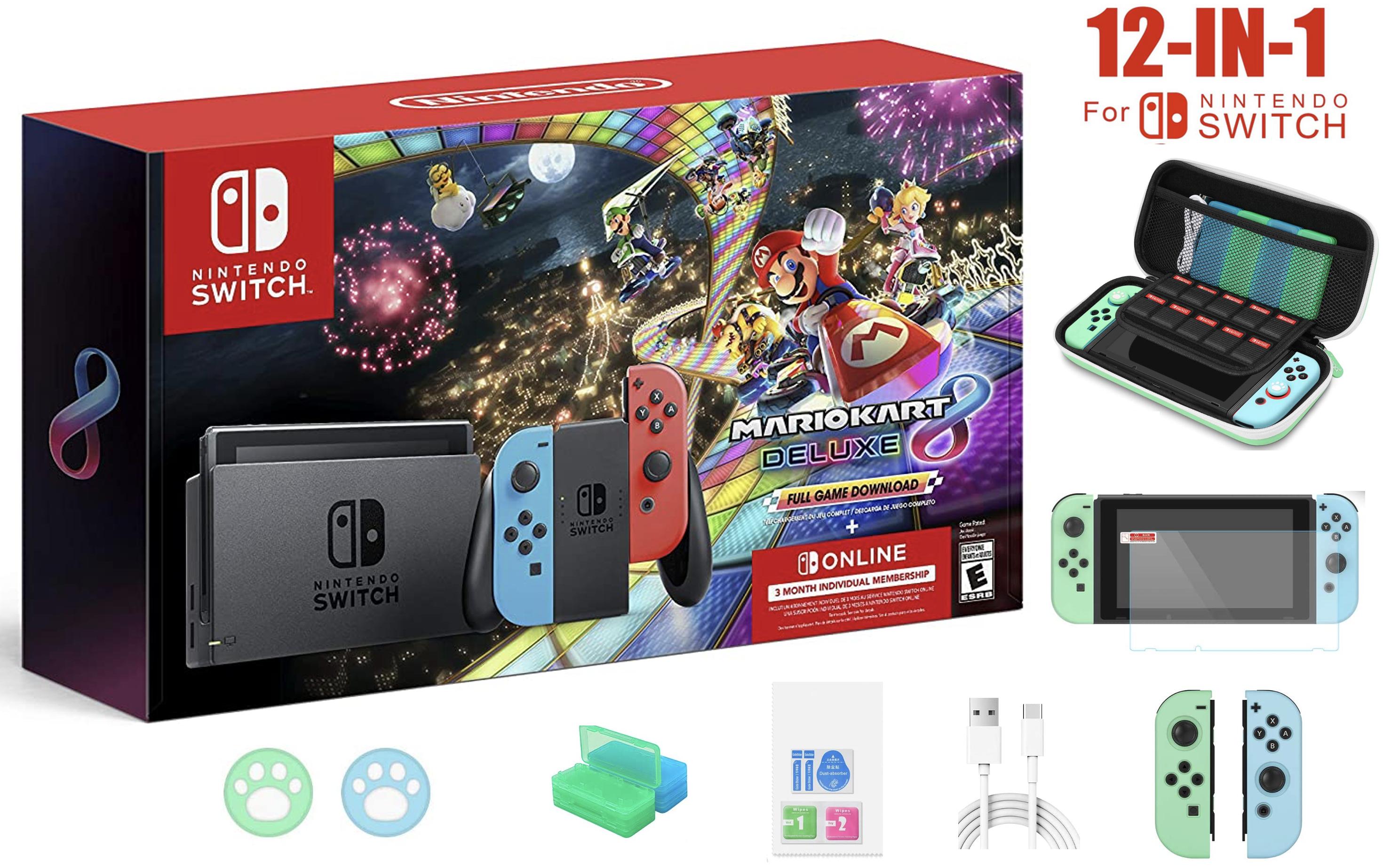 2022 Nintendo Switch Console with Mario Kart 8 Deluxe - Neon Red/Blue Joy-Con, 6.2" Touchscreen LCD Display, Marxsol 12-in-1 Accessories - image 1 of 9