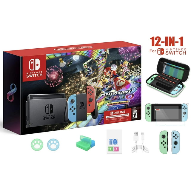 2022 Nintendo Switch Console with Mario Kart 8 Deluxe - Neon Red/Blue Joy-Con, 6.2" Touchscreen LCD Display, Marxsol 12-in-1 Accessories