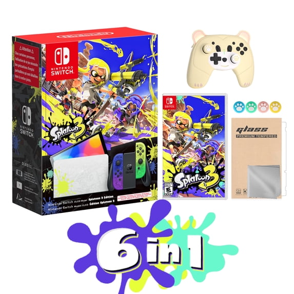 2022 Nintendo Switch OLED Splatoon 3 Limited Edition with Splatoon 3 Game, Blue & Yellow Gradient Joy-Con 64GB Console, LAN-Port Graffiti-themed Dock, Mytrix Perry Wireless Pro Controller & Accessory