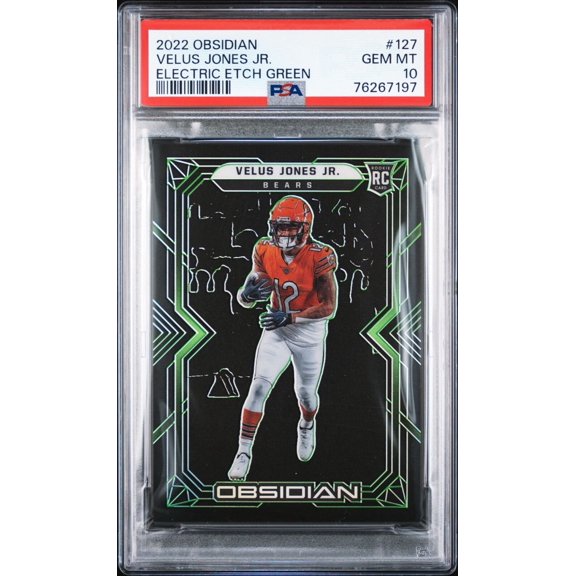 Graded 2022 Panini Obsidian Velus Jones Jr. Chicago Bears Rookie Electric Etch Green #127 PSA 10 Football Card