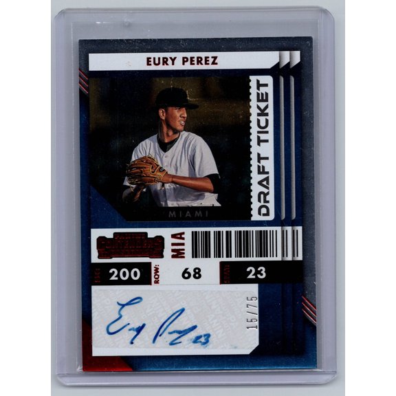2022 Panini Contenders Draft Ticket Baseball Card Blue 15/75 Eury Perez Auto PT-EP Miami Marlins MLB Autographed Baseball Trading Card