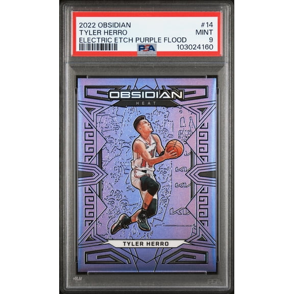 Graded 2022 Panini Obsidian Electric Etch Purple Flood Tyler Herro #14 PSA 9 Basketball Card