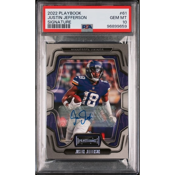 Graded 2022 Panini Playbook Justin Jefferson Minnesota Vikings Signature #61 PSA 10 Football Card