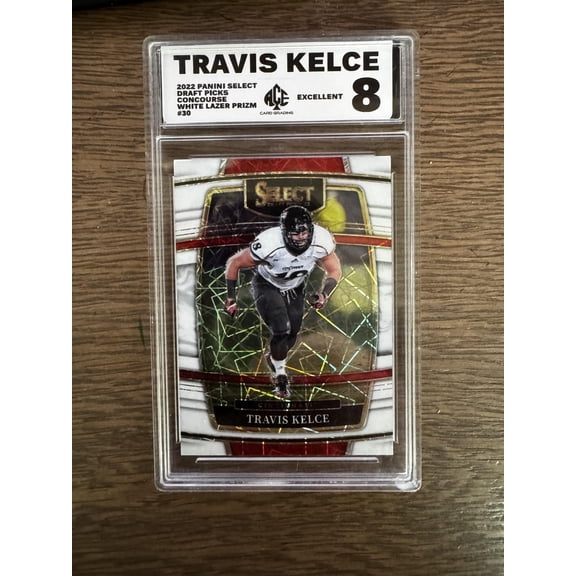 Graded 8 2022 Panini Select Draft Picks White Lazer Prizm #30 Travis Kelce ACE SLAB