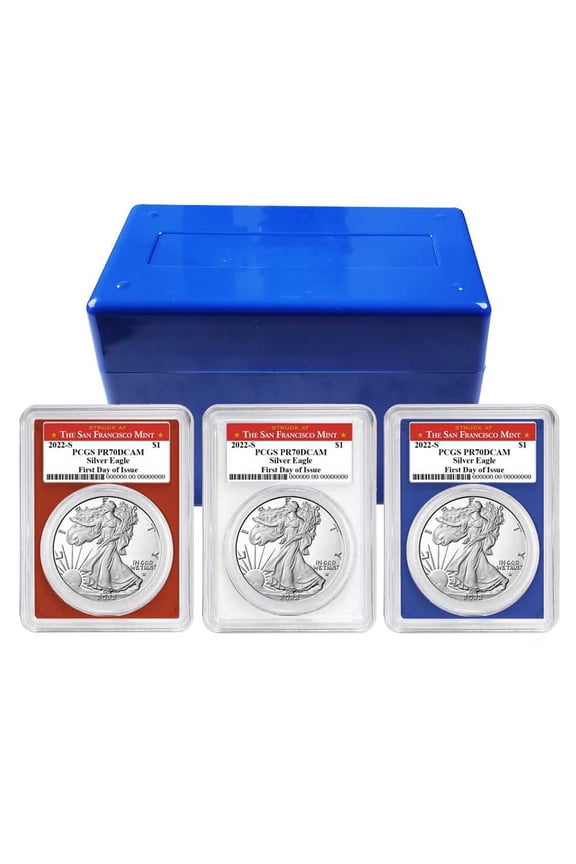2022-S Proof $1 American Silver Eagle 3pc Set PCGS PR70DCAM FDOI San Francisco Label Red White Blue