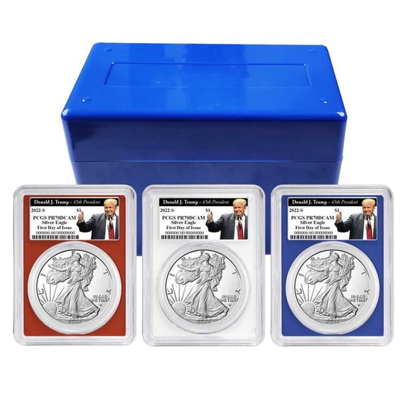 2022-S Proof $1 American Silver Eagle 3pc Set PCGS PR70DCAM FDOI Trump 45th President Label Red White Blue